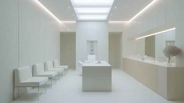 Minimal modern cosmetic clinic interior, clean white and beige tones, soft lighting, high end aesthetic environment, no people, large space, ultra