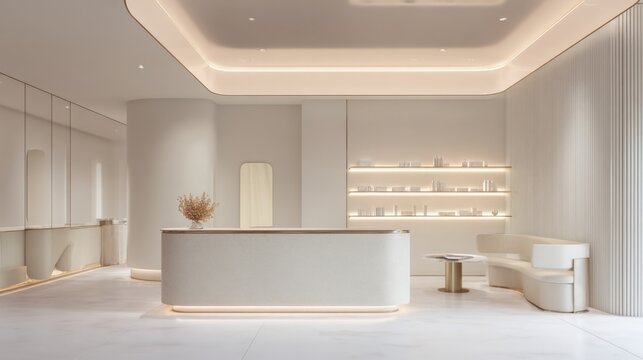 Minimal modern cosmetic clinic interior, clean white and beige tones, soft lighting, high end aesthetic environment, no people, large space, ultra