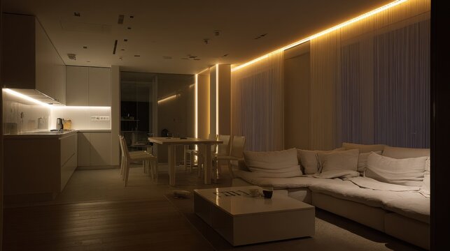 modern apartment ambient lighting hidden led warm glow evening cozy interior soft shadows smart lighting design minimal furniture