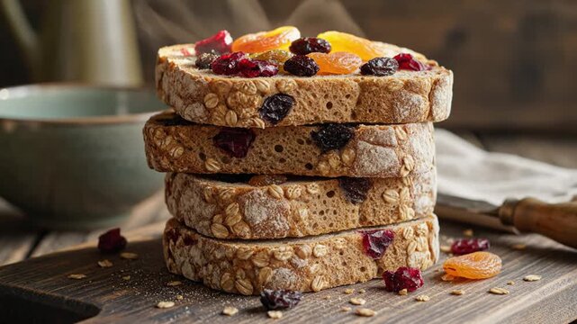 Stacked slices of bread with dried fruit on wooden surface