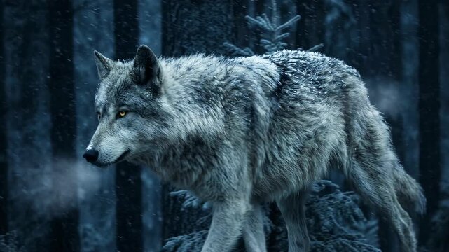 Majestic Gray Wolf Walking Through Dark Winter Forest During Snowfall for Wildlife Documentaries and Nature Cinematic Projects