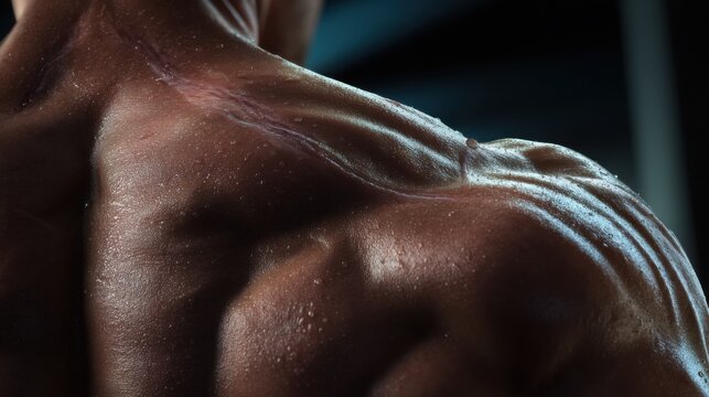 muscle tension macro lifting weight veins strain biomechanics detail sweat realistic gym lighting