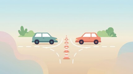 Fototapeta premium Two simplified cars separated by traffic cones on a minimal road
