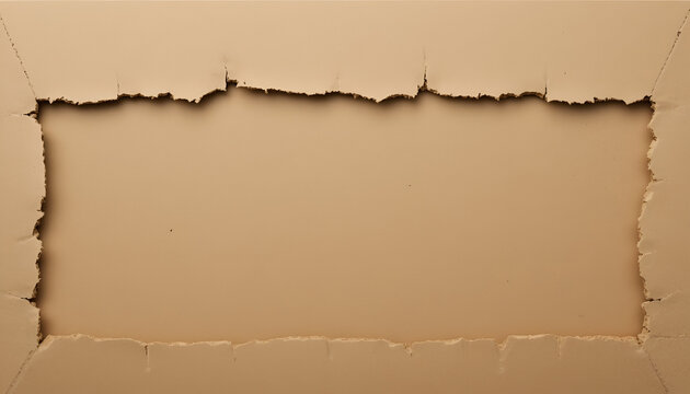 Torn cardboard box with ripped edges and a rectangular hole in the center, brown packaging material
