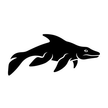 Black silhouette of a prehistoric mosasaurus marine reptile.