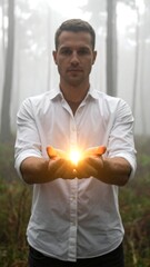 Man holds glowing light in foggy forest hands © Husniah