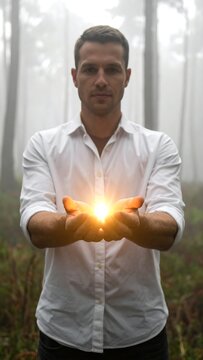 Man holds glowing light in foggy forest hands