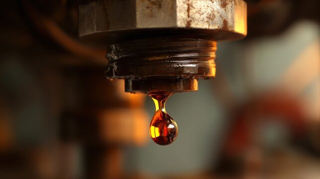 oil drop hanging machine lubrication macro viscosity physics industrial realism warm light