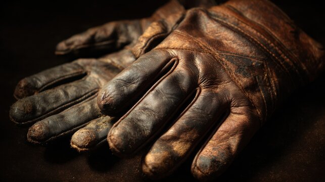 oily leather gloves after work grease texture worn surface mechanic atmosphere dramatic side light realism