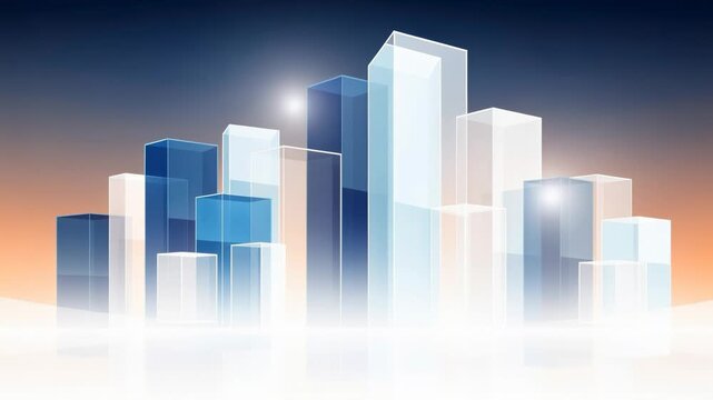 A sleek futuristic cityscape at dawn with transparent blue glass skyscrapers and modern urban architecture