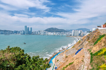 Fototapeta premium Top view of Huinnyeoul Culture Village with ocean and city view, Busan