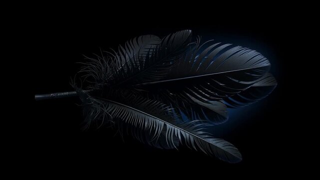 Elegant black feather gently unfurling in soft moonlight with intricate texture and graceful movement