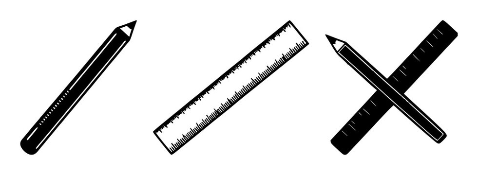 Pencil and ruler crossed set with solid black icon on white background featuring drawing, design, drafting with illustration and vector