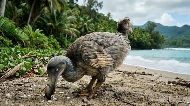 Realistic 3D animation of an extinct dodo bird walking on a tropical beach for educational documentaries or historical nature storytelling