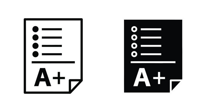 Report document with A plus grade icon set in outline and solid styles