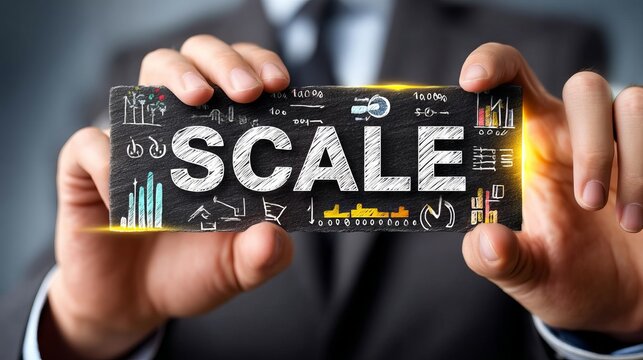 Business Strategist in Formal Attire Holding Scale Concept Sign