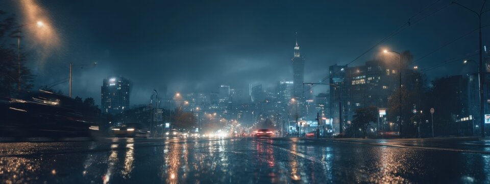 Panoramic rainy cityscape with glowing reflections, wet roads and soft light diffusion, moody atmosphere, large space, ultra detailed