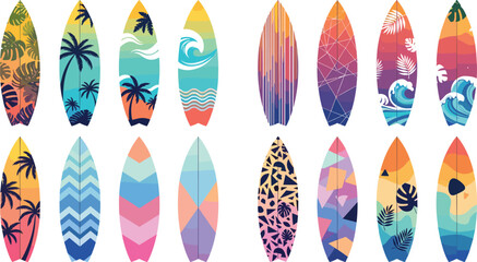 Colorful surfboard collection with tropical beach patterns and ocean themed designs isolated vector illustration set © MdAbdul