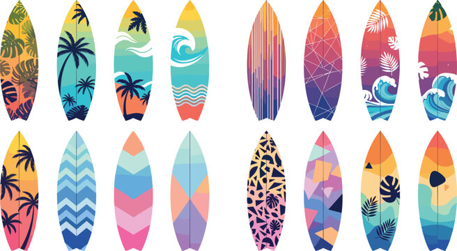Colorful surfboard collection with tropical beach patterns and ocean themed designs isolated vector illustration set