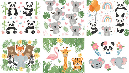 Cute animal collection with panda koala elephant tiger and jungle characters seamless vector illustration set for kids © MdAbdul