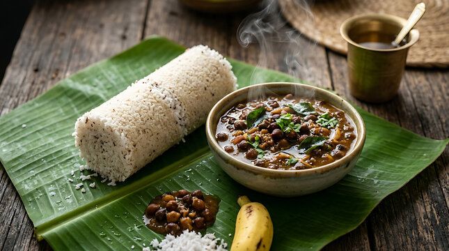 Steamed Puttu with Kadala Curry: Traditional South Indian Breakfast on Banana Leaf