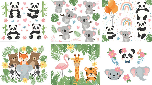 Cute animal collection with panda koala elephant tiger and jungle characters seamless vector illustration set for kids