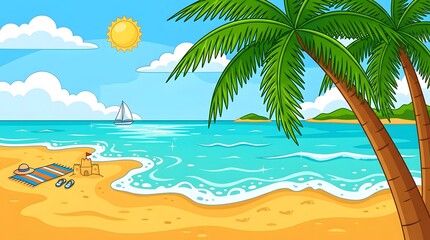 Obraz premium Tropical beach paradise a vibrant scene of sun sand and palm trees