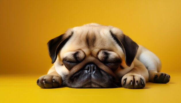 a lazy little pug dog comfortably rests its head on the floor peacefully sleeping against a cheerful yellow background embodying the essence of a lazy little pug dog at ease