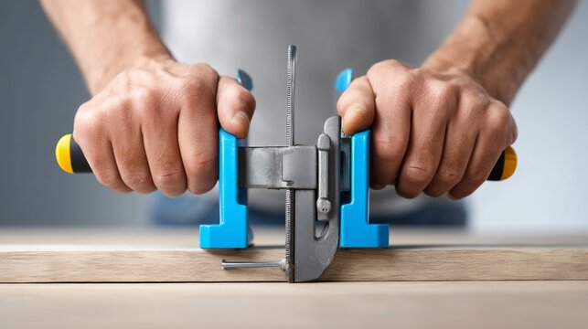 Male Hands Tightening Clamp Across Two Surfaces with Precision and Care
