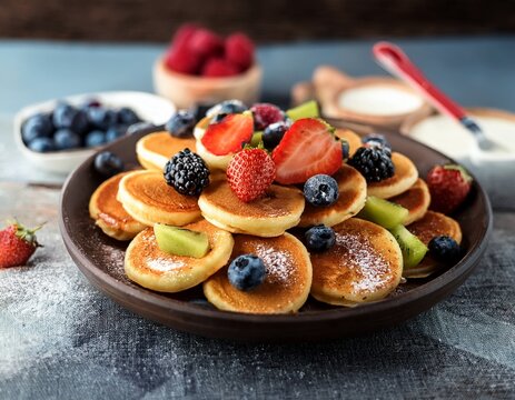 delicious and homemade mini pancakes as a sweet perfect snack poffertjes with fruits as sweet breakfast