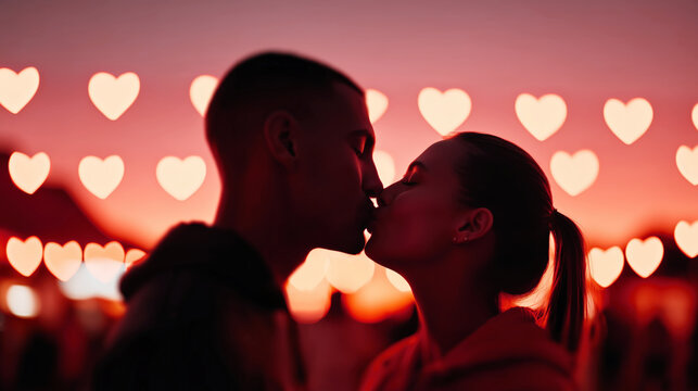 Silhouette couple kissing with glowing heart bokeh lights at sunset