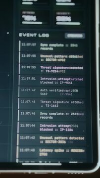 Security event log interface from SIEM system recording various system activities