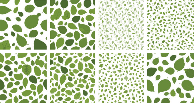 Green leaf seamless pattern collection with botanical foliage and natural abstract backgrounds vector illustration designs