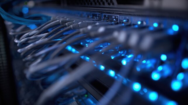 server rack cables patch cords led lights data center depth perspective realism