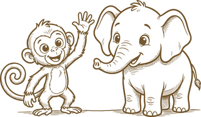 Charming sketch of a monkey and elephant a playful childhood silhouette © ShababHussen