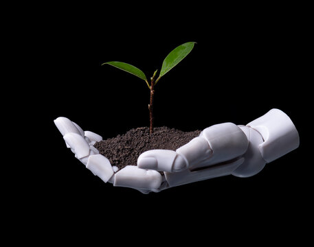 Robotic hand holding small green plant in soil on black background