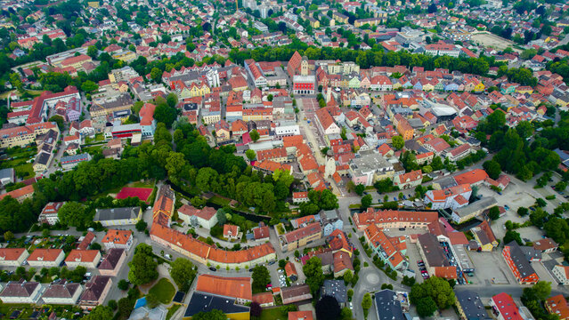 Aerial view of the old town and city Erding, 85435 in Germany, Bavaria on a sunny noon spring day