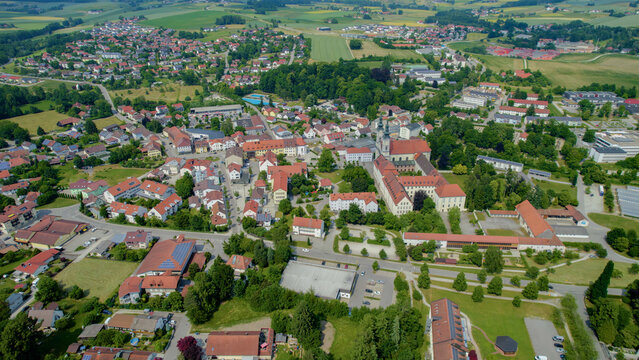 Panorama aerial view around the old town of the city in Falkenstein in Germany., Bavaria on a sunny morning in spring.