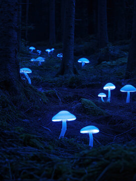 Glowing blue bioluminescent mushrooms in dark enchanted forest at night