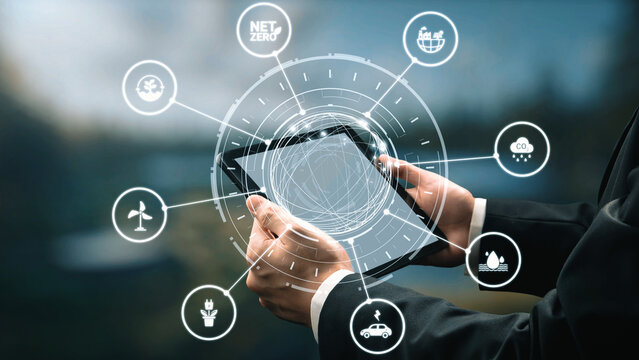 Net zero and sustainability concepts with environmental balance, digital sustainability icons, green energy goals, and eco-conscious digital business transformation for the future. Gist