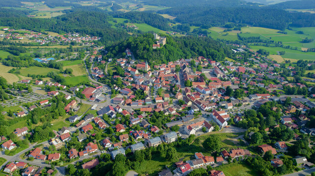 Panorama aerial view around the old town of the city in Falkenstein in Germany., Bavaria on a sunny morning in spring.