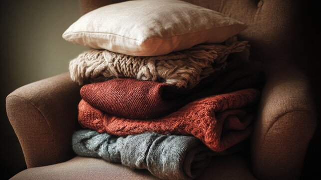 stacked pillows blankets armchair cozy textile layers warm tones soft light home comfort