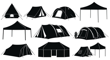 Variety of tent silhouettes black and white illustration silhouette high quality © Jewel