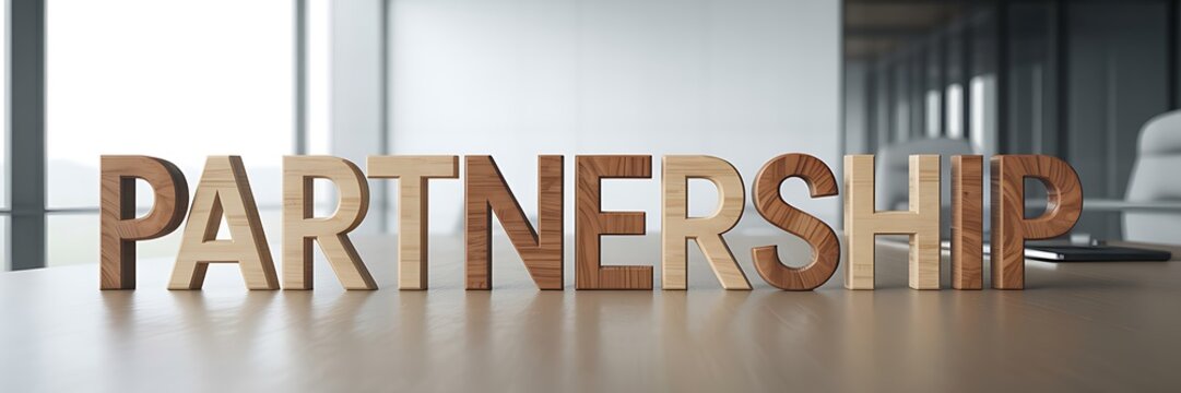 Wooden Partnership Letters on Office Desk with Modern Interior