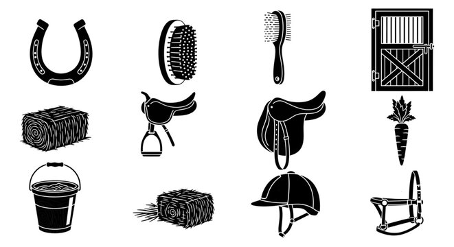 Black and white illustration set of horse riding equipment and accessories
