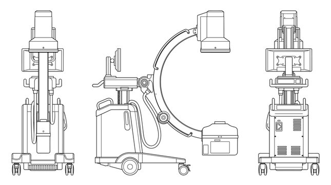 C arm machine medical imaging device technical drawing blueprint front side top and internal cross sectional views line art vector