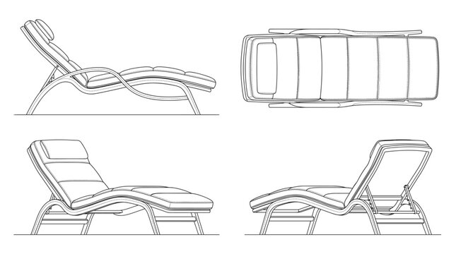 Chaise lounge furniture technical drawing blueprint front side top and internal cross sectional views line art vector