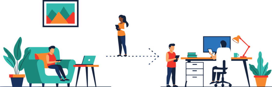Remote work transition from home to office flat vector illustration for hybrid workplace and productivity concept