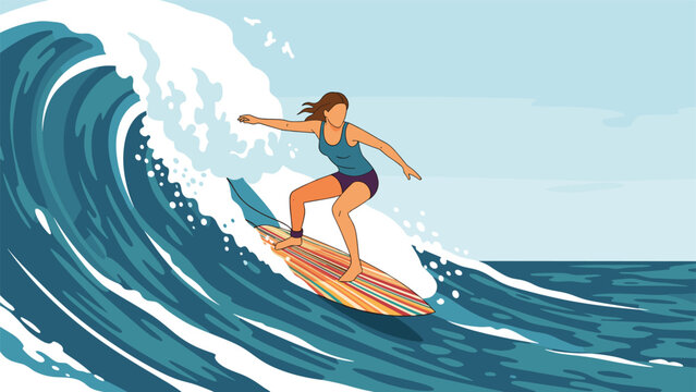 Talented female surfer skillfully riding a massive turquoise ocean wave on a colorful surfboard under a clear blue sky during summer.