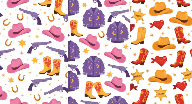 Western cowboy seamless pattern collection with hats boots revolvers and rodeo elements colorful vector illustration backgrounds